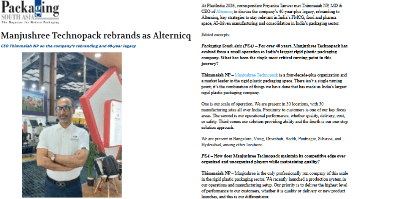 Manjushree Technopack unveils new identity as Alternicq.